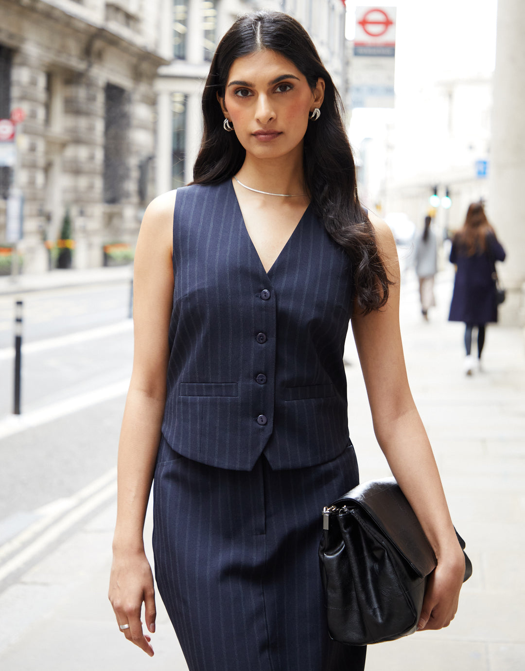 Navy Pinstripe Lined Fitted Tailored Waistcoat