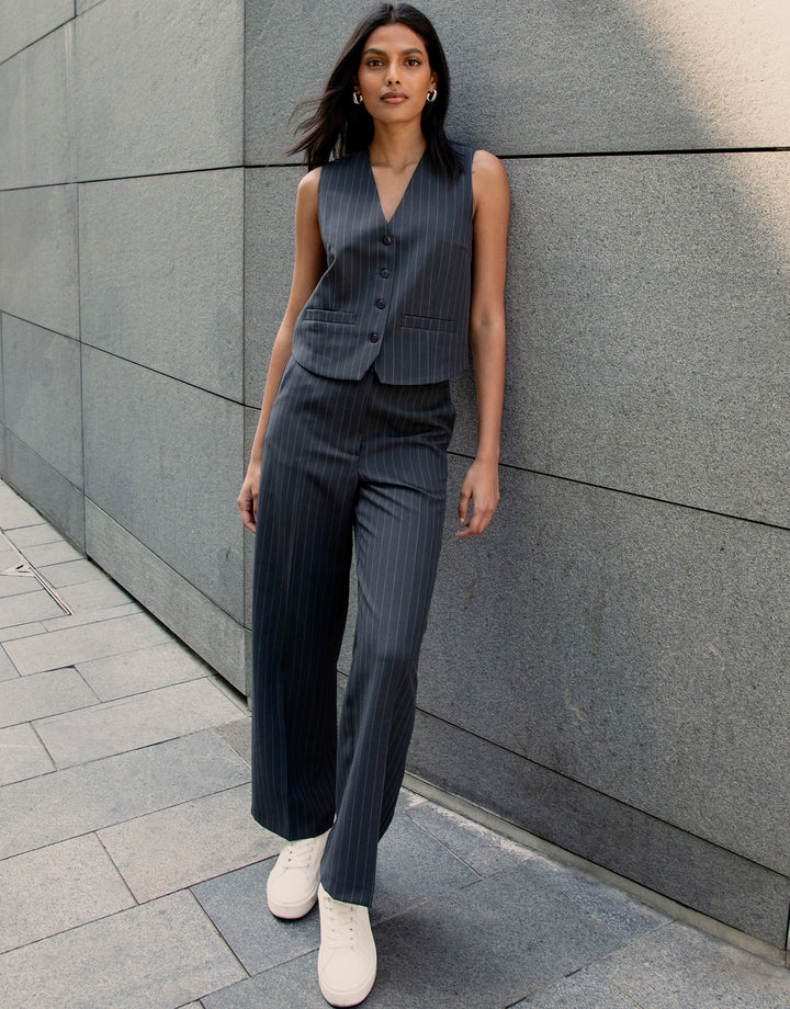 Charcoal Grey Pinstripe Lined Fitted Tailored Waistcoat