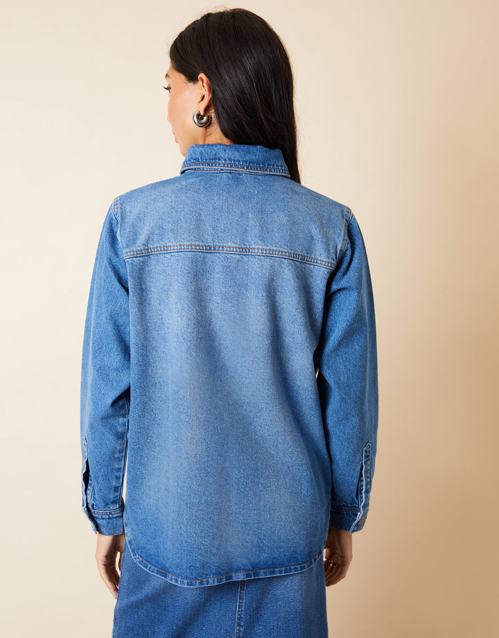 Mid Blue Wash Collared Curved Hem Denim Shacket