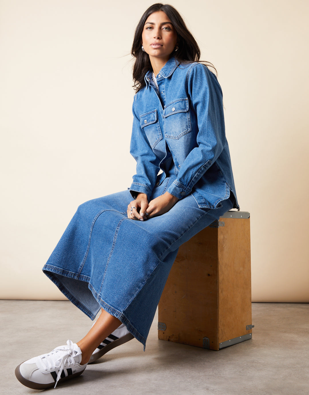 Mid Blue Wash Collared Curved Hem Denim Shacket