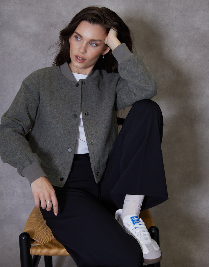 Charcoal Grey Brushed Cropped Bomber Jacket