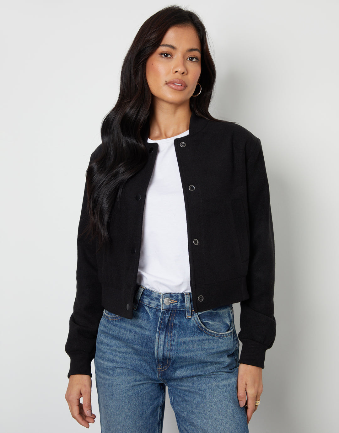 Black Brushed Cropped Bomber Jacket