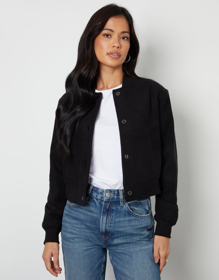 Brushed Cropped Bomber Jacket in Black