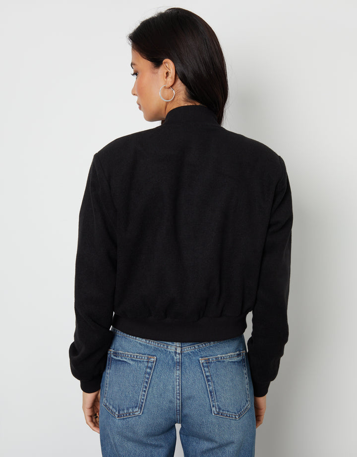 Brushed Cropped Bomber Jacket in Black