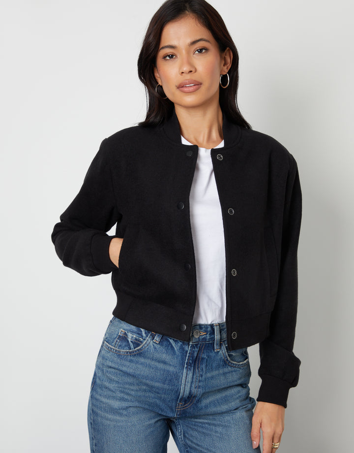 Brushed Cropped Bomber Jacket in Black