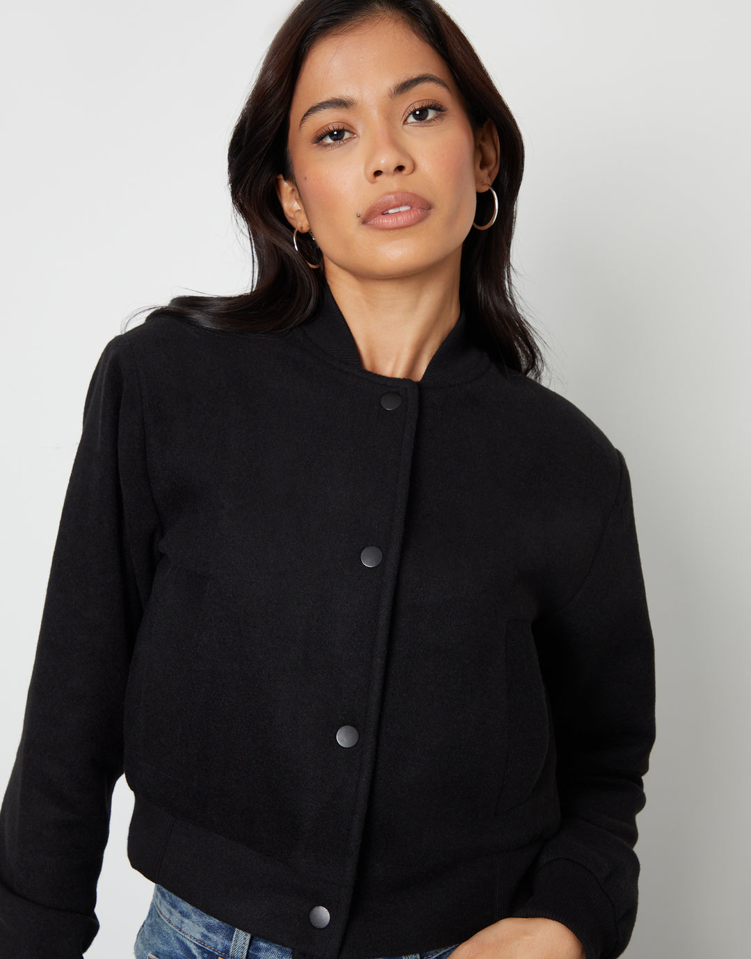 Brushed Cropped Bomber Jacket in Black