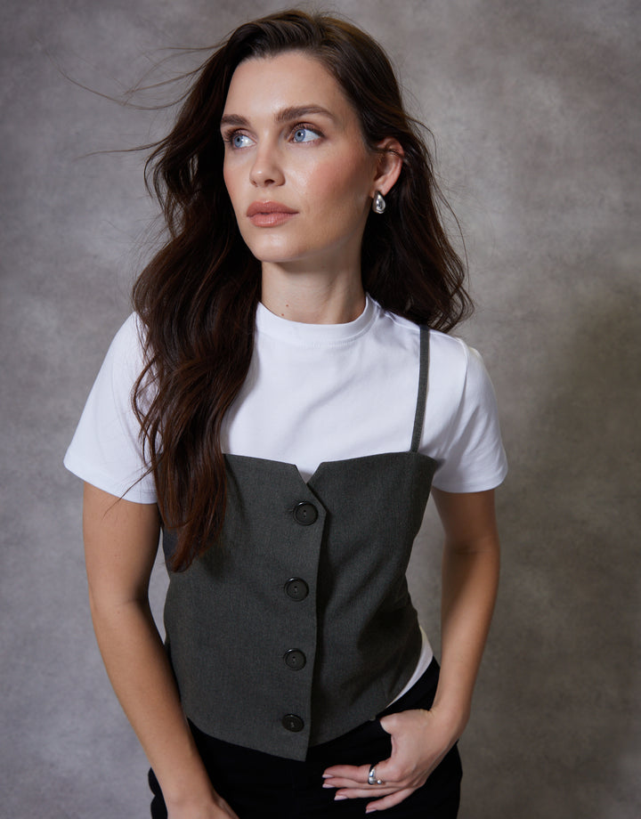2-in-1 Cami Waistcoat & White T-Shirt Set in Grey