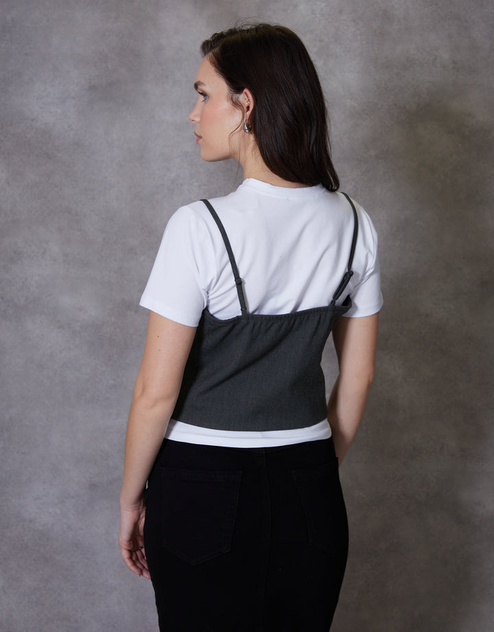 2-in-1 Cami Waistcoat & White T-Shirt Set in Grey