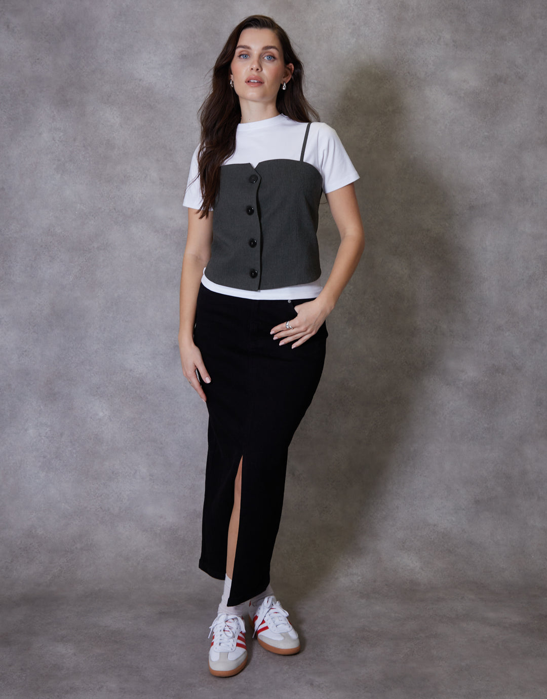 2-in-1 Cami Waistcoat & White T-Shirt Set in Grey