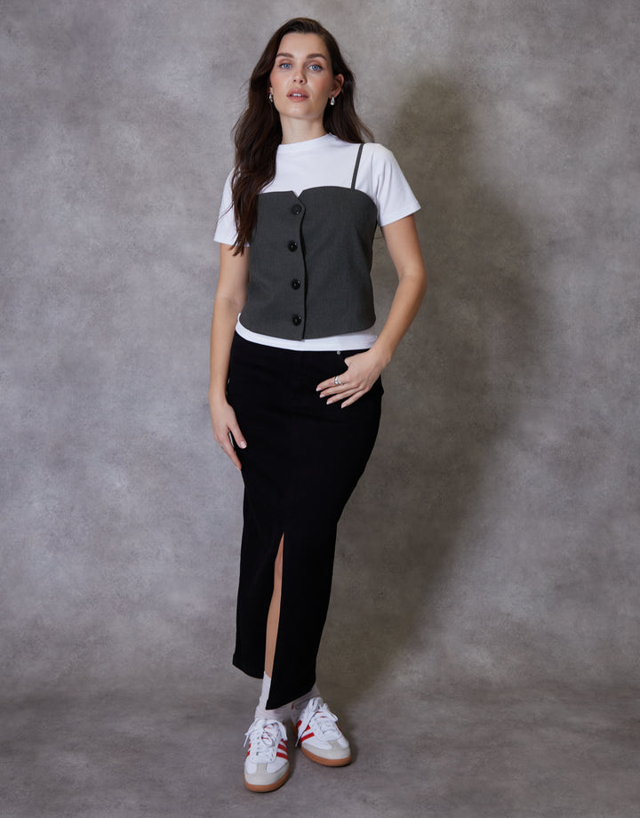 2-in-1 Cami Waistcoat & White T-Shirt Set in Grey