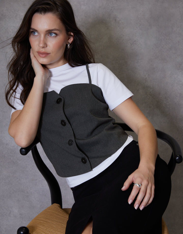 2-in-1 Cami Waistcoat & White T-Shirt Set in Grey