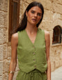 Olive Green Lined Linen Blend Waistcoat