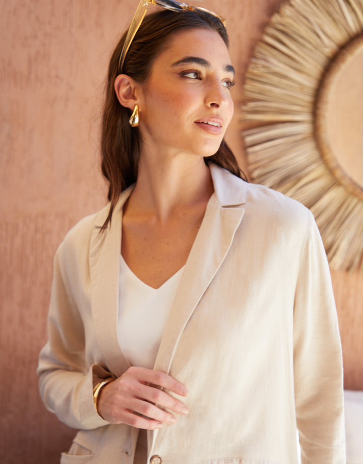 Relaxed Fit Linen Blend Blazer in Ecru