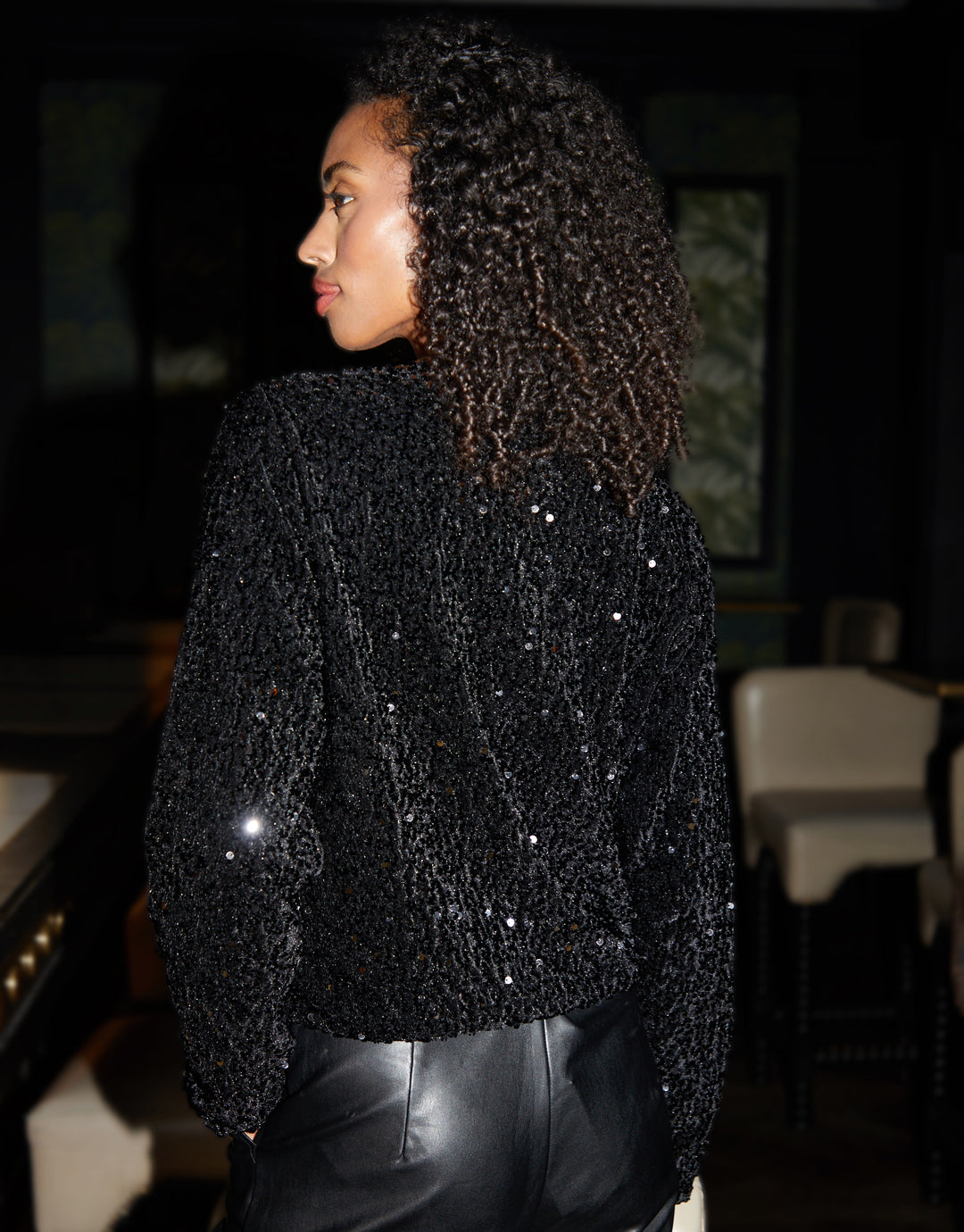 Black Sequin Zip Up Bomber Jacket