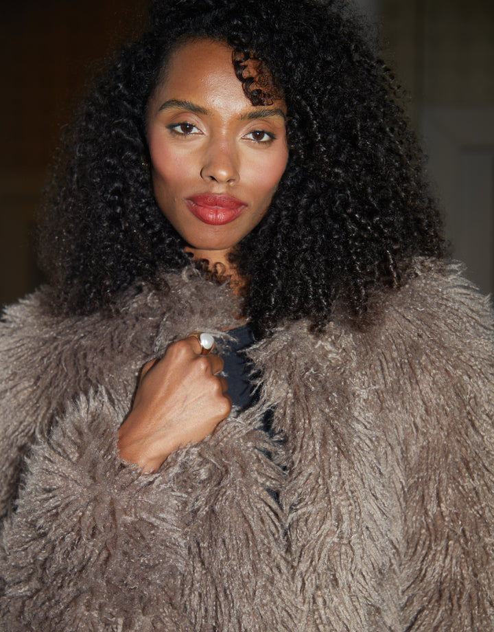 Mushroom Mongolian Faux Fur Coat