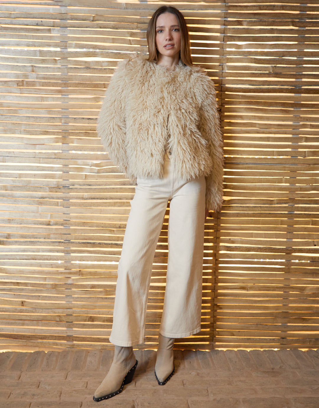 Stone Mongolian Faux Fur Coat