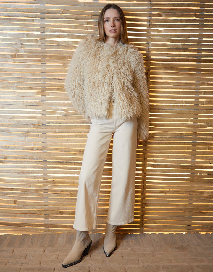 Stone Mongolian Faux Fur Coat