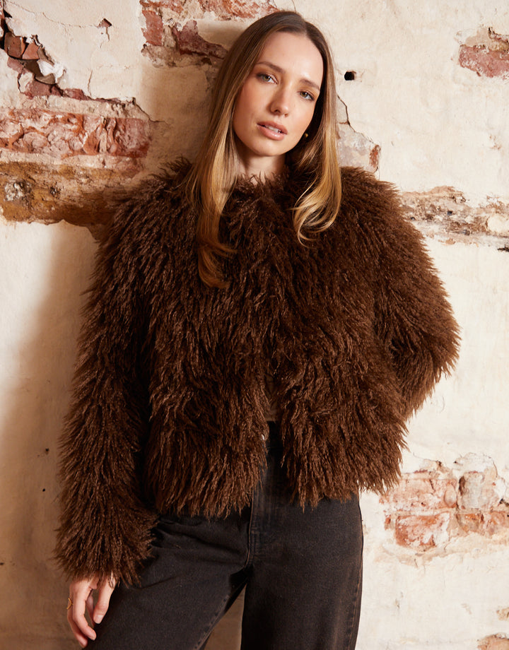 Chocolate Brown Mongolian Faux Fur Coat