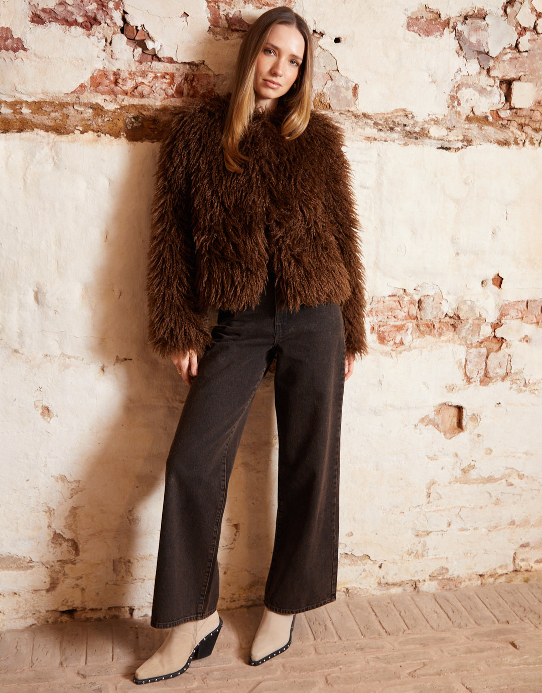 Chocolate Brown Mongolian Faux Fur Coat