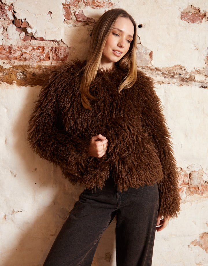Chocolate Brown Mongolian Faux Fur Coat