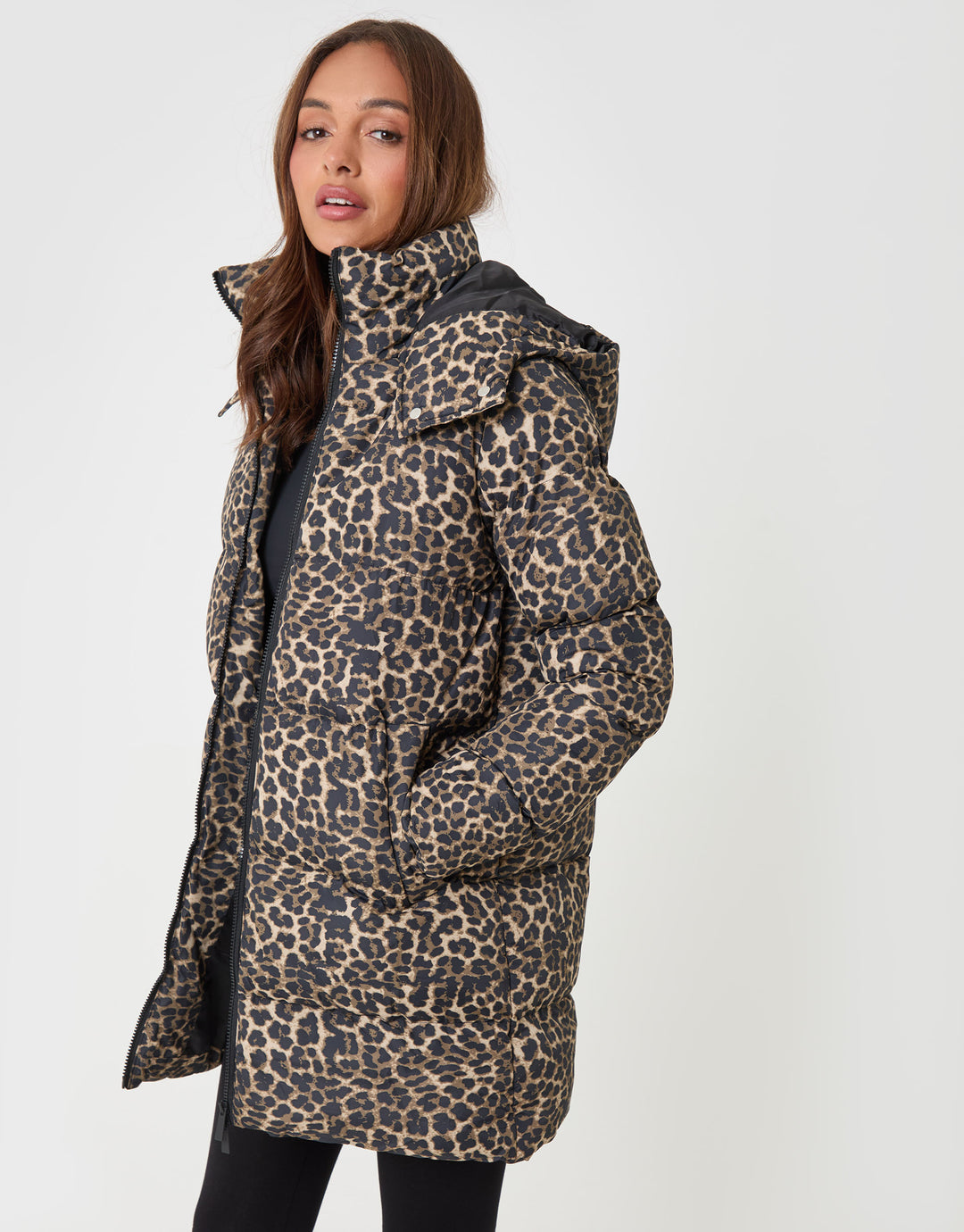 Threadbare Leopard Mid Length Hooded Puffer Coat in Leopard Print - front view