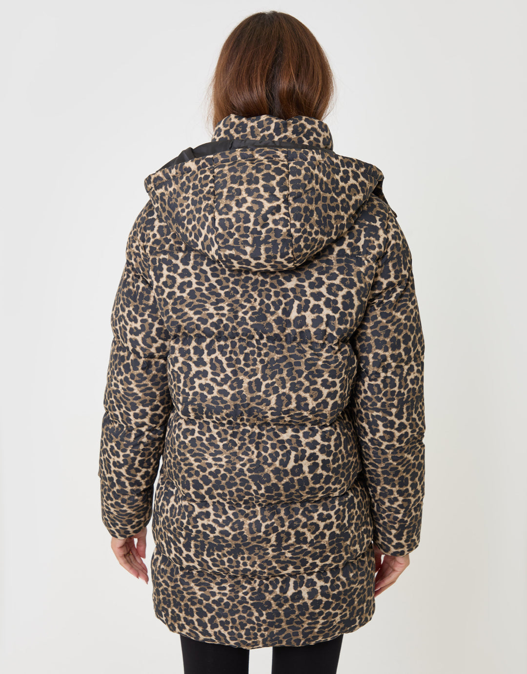 Threadbare Leopard Mid Length Hooded Puffer Coat in Leopard Print - back view