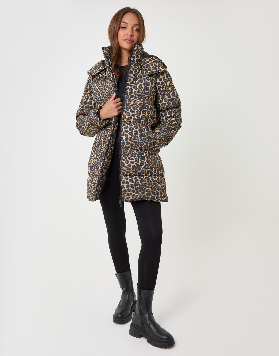 Threadbare Leopard Mid Length Hooded Puffer Coat in Leopard Print - full body