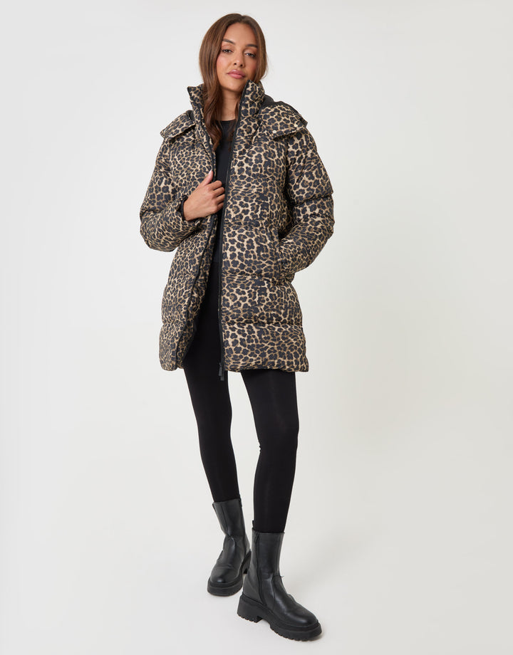 Threadbare Leopard Mid Length Hooded Puffer Coat in Leopard Print - full body