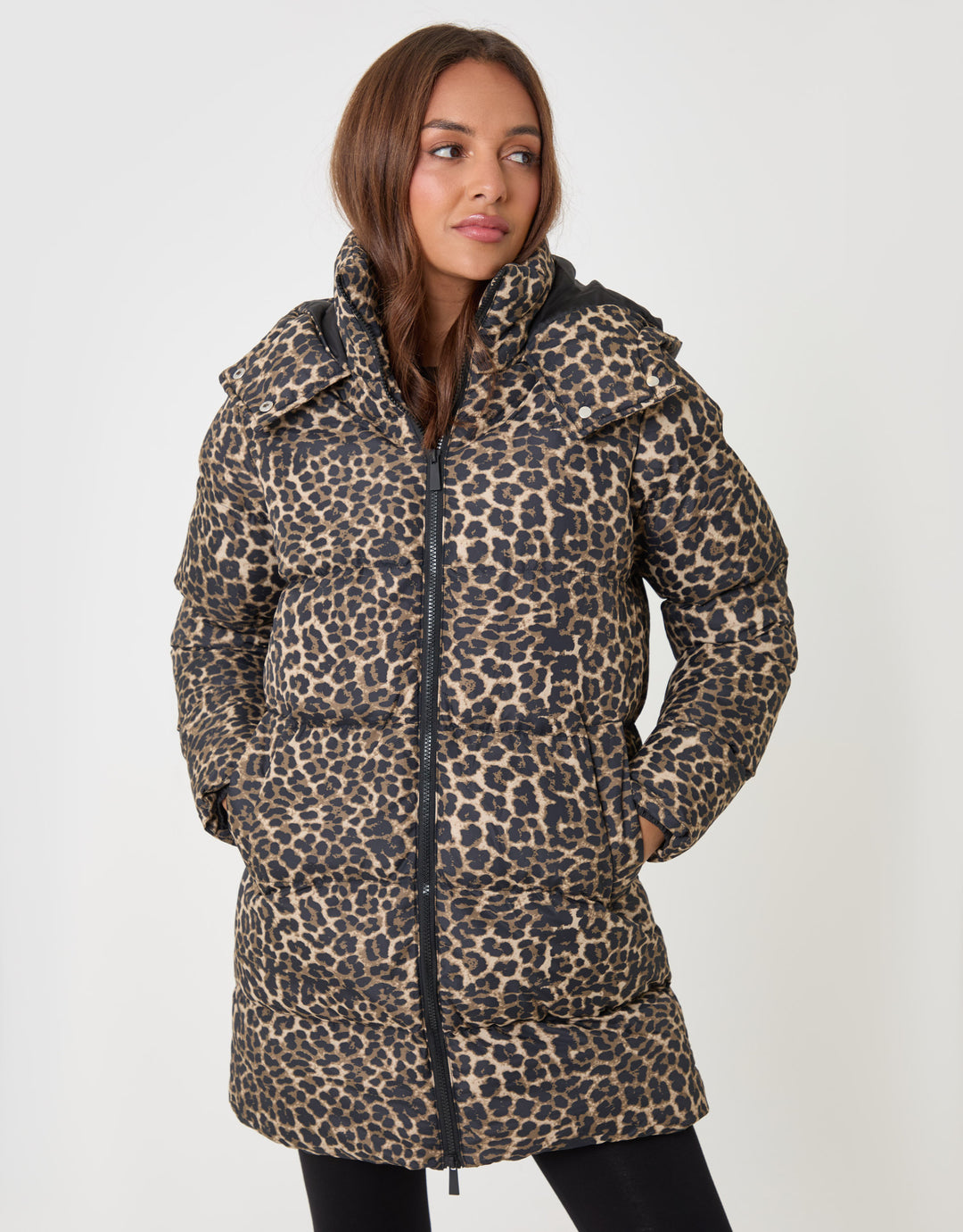 Threadbare Leopard Mid Length Hooded Puffer Coat in Leopard Print - front view pose