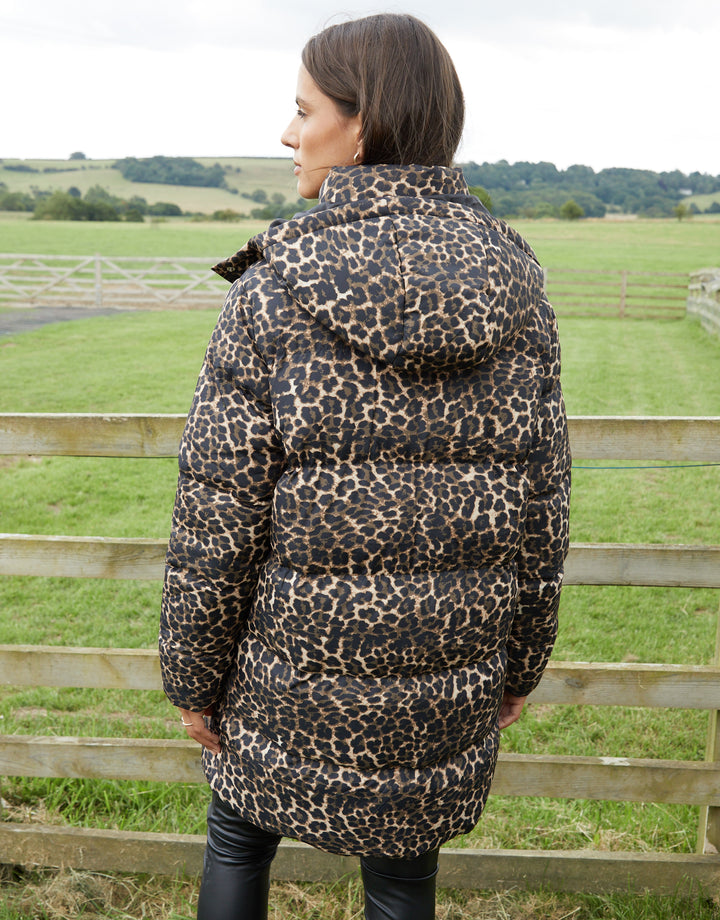 Leopard Mid Length Hooded Puffer Coat