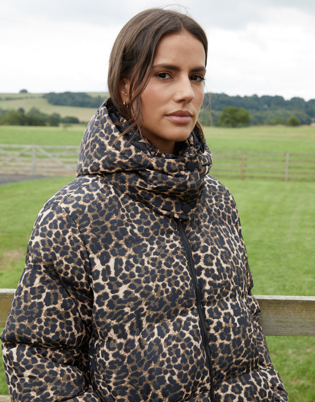 Leopard Mid Length Hooded Puffer Coat