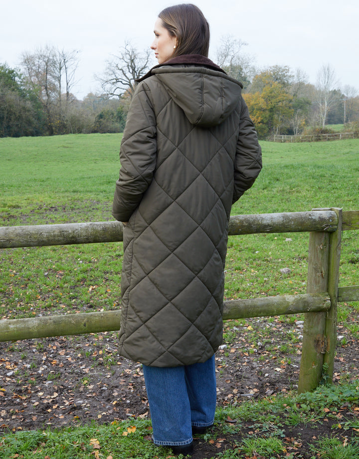 Khaki Green Diamond Quilted Heritage Longline Barn Jacket with Removable Hood