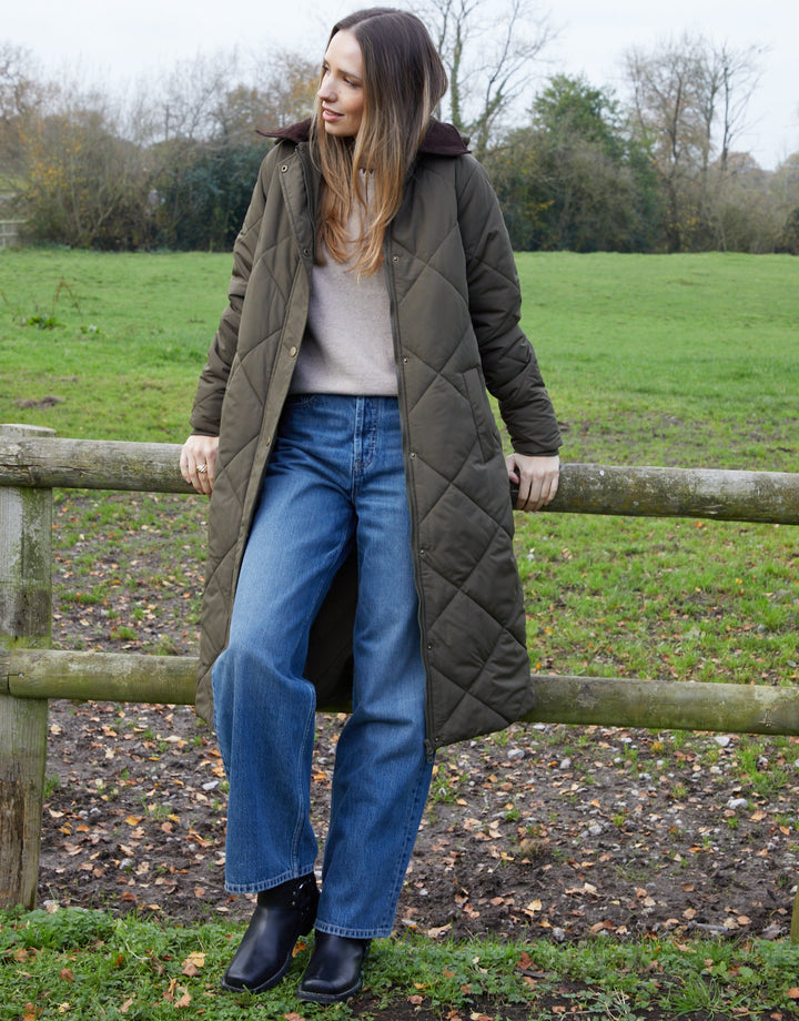 Khaki Green Diamond Quilted Heritage Longline Barn Jacket with Removable Hood