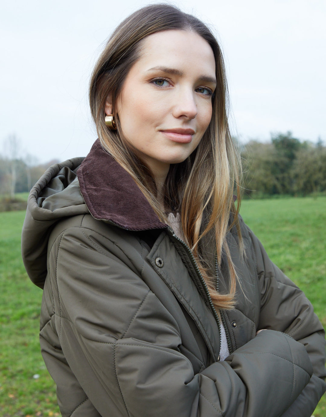 Khaki Green Diamond Quilted Heritage Longline Barn Jacket with Removable Hood