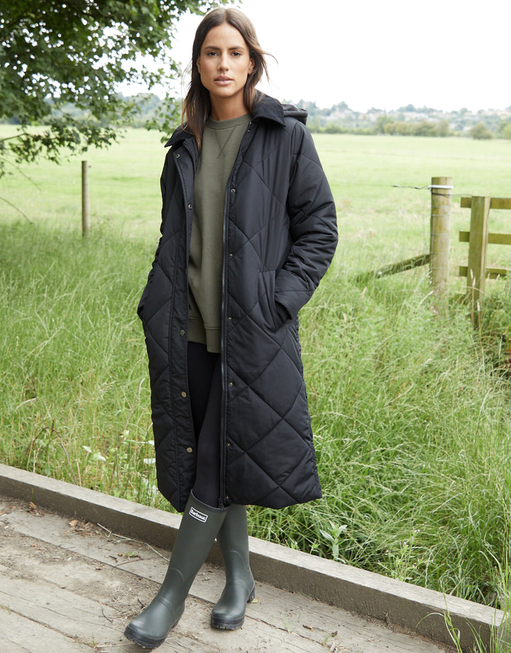 Diamond Quilted Heritage Longline Barn Jacket with Removable Hood in Black