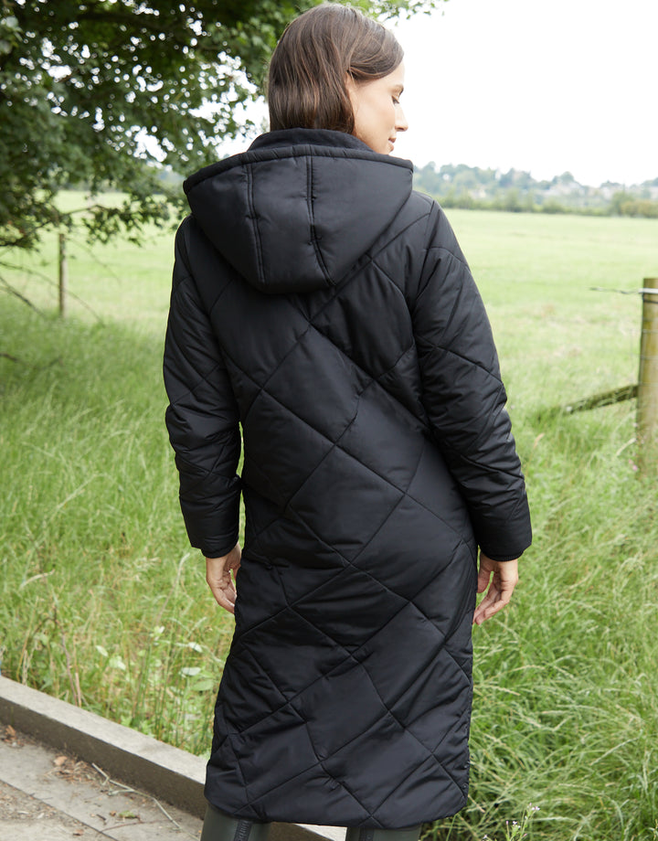 Diamond Quilted Heritage Longline Barn Jacket with Removable Hood in Black
