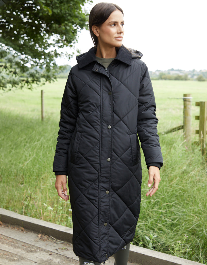 Diamond Quilted Heritage Longline Barn Jacket with Removable Hood in Black