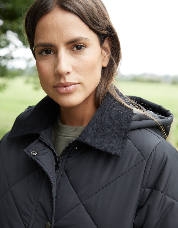 Diamond Quilted Heritage Longline Barn Jacket with Removable Hood in Black