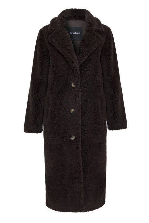 Threadbare Longline Borg Teddy Coat in Chocolate Brown - flat lay