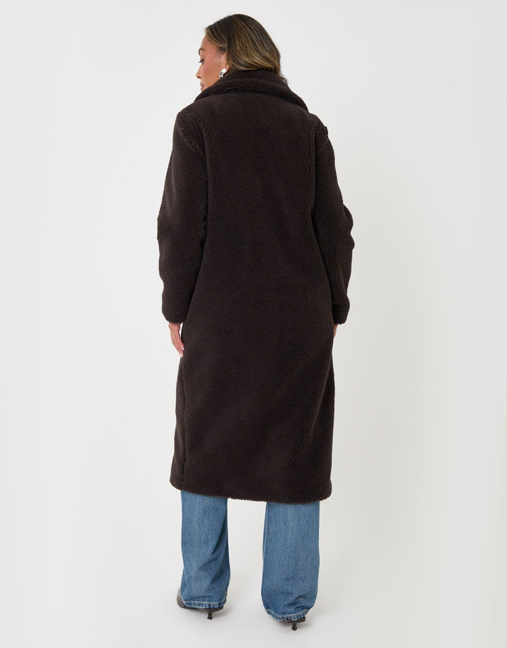 Threadbare Longline Borg Teddy Coat in Chocolate Brown - back view