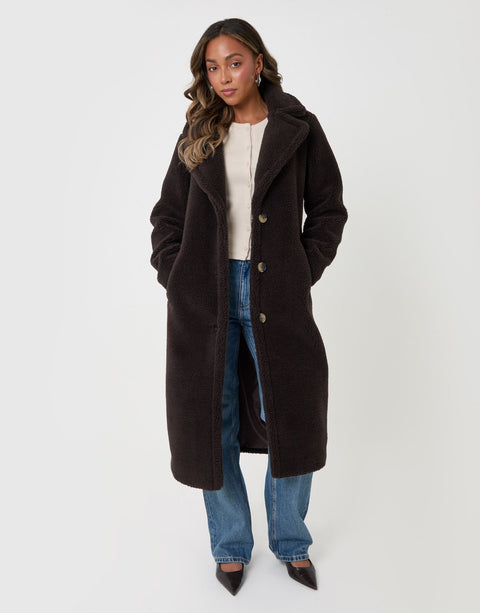 Threadbare Longline Borg Teddy Coat in Chocolate Brown - full body