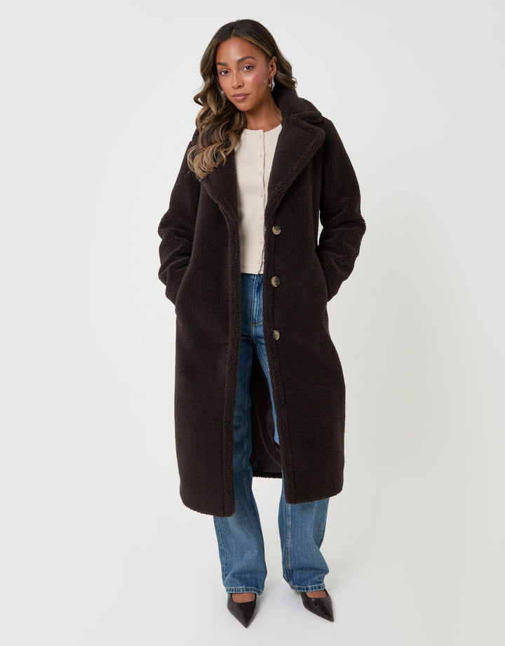 Threadbare Longline Borg Teddy Coat in Chocolate Brown - full body