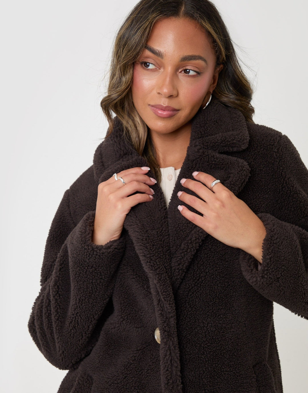 Threadbare Longline Borg Teddy Coat in Chocolate Brown - close up