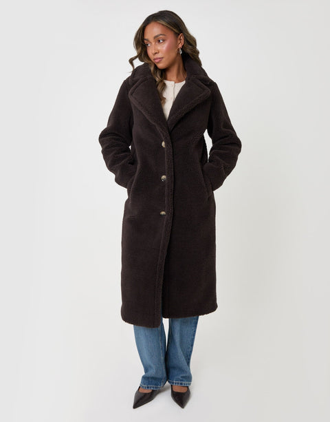 Threadbare Longline Borg Teddy Coat in Chocolate Brown - front view
