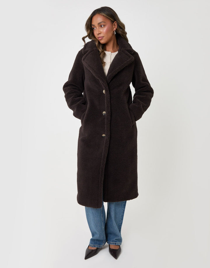Threadbare Longline Borg Teddy Coat in Chocolate Brown - front view