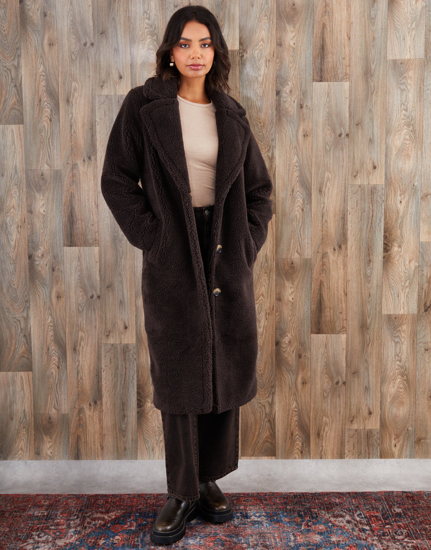 Threadbare Women's Chocolate Brown Longline Borg Teddy Coat