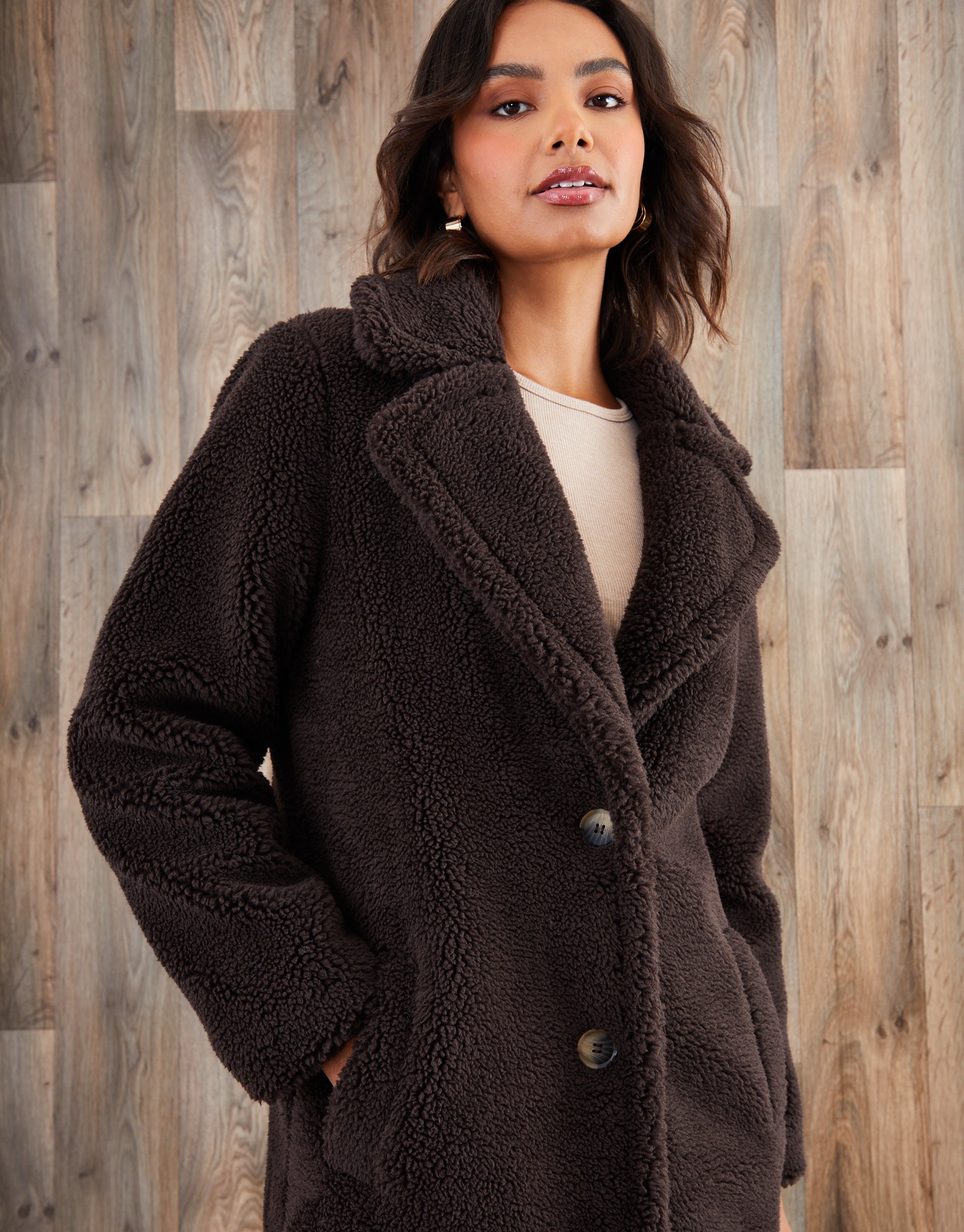 Threadbare Women's Chocolate Brown Longline Borg Teddy Coat