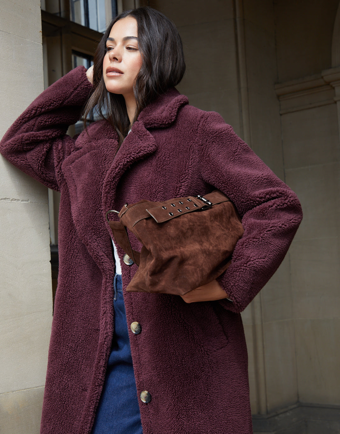 Threadbare Women's Burgundy Longline Borg Teddy Coat