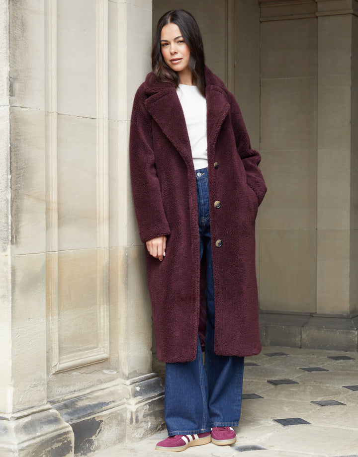 Berry Red Longline Borg Teddy Coat