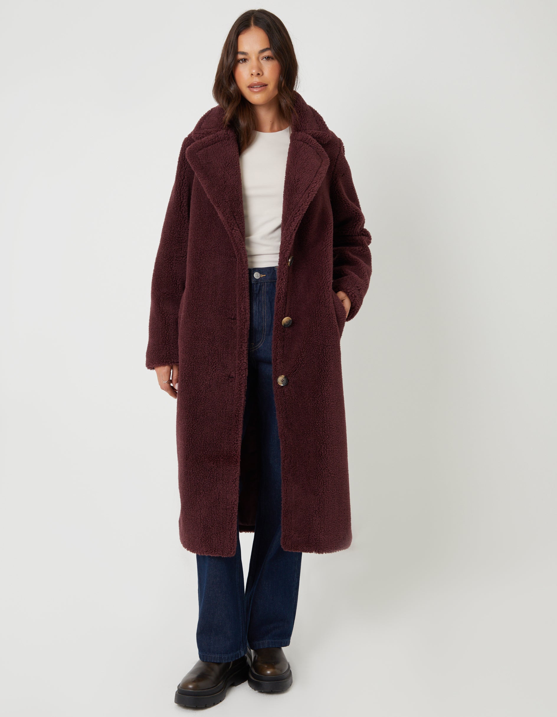 Threadbare Women's Burgundy Longline Borg Teddy Coat